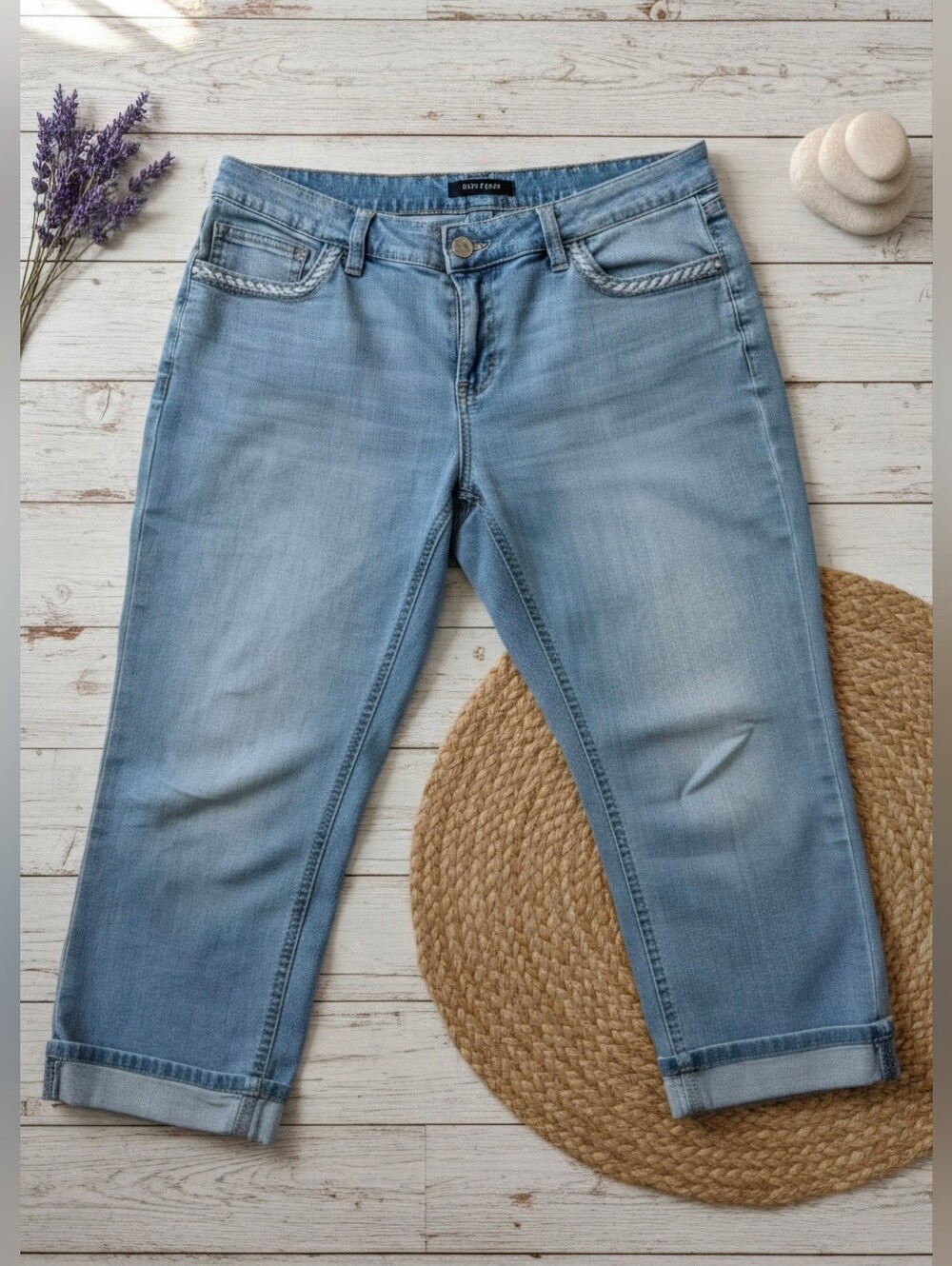 White House Black Market Size 12 Light Wash Cuffed Denim Capris Braided Trim